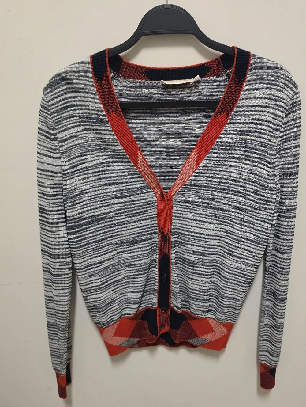 Tory Burch Arielle Contrast Trim Argyle Cardigan Sweater Size Small
